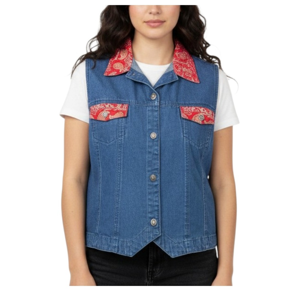 VTG Sun River BLUE DENIM SHIRT TOP VEST Red Bandana SLEEVELESS BUTTON-UP sz 1X